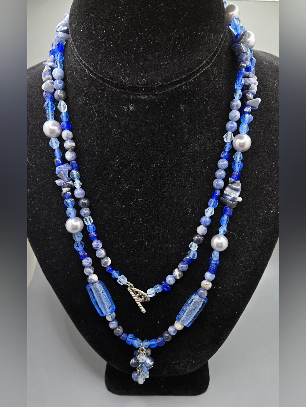 Artisan Necklace Blue Multi-Bead Sodalite Glass Pearls Art Glass 40" Long